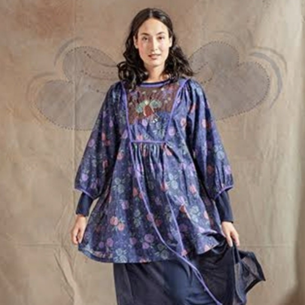 Purple Flowered Tunic with Fairy Embroidery - Gudrum Sjoden - Small
